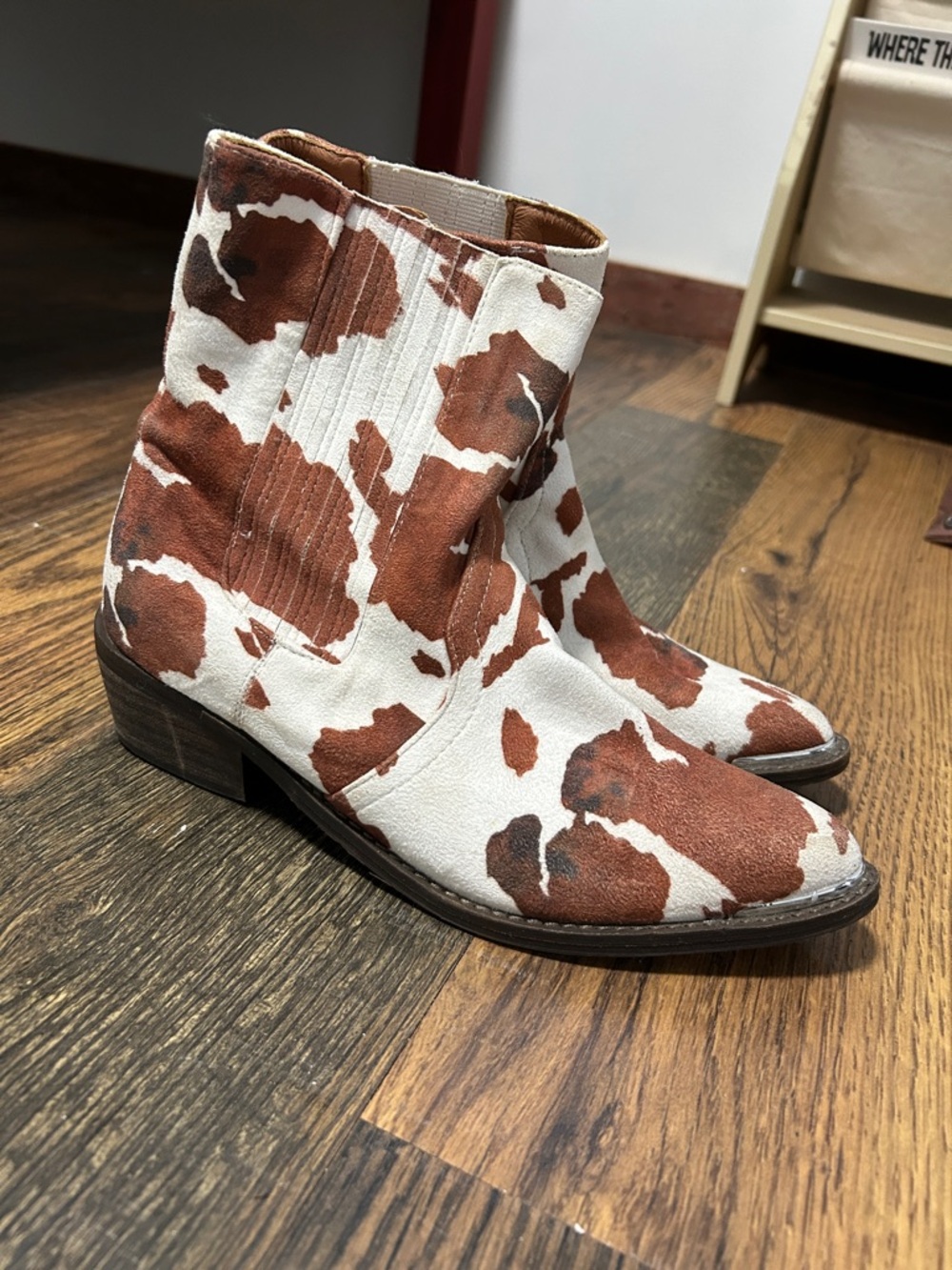 Cow Print Ankle Booties - Brown & White